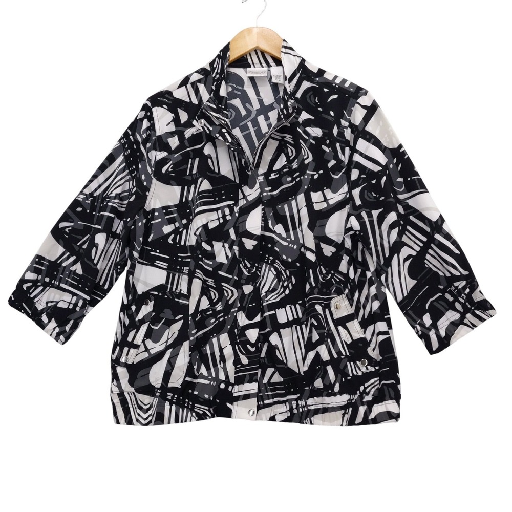 Zenergy by Chico's Jacket Women‎ Size 2 L Black White Abstract Zip Front
